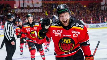 Luleås Einar Emanuelsson firar ett mål i segern i den första finalmatchen mot Färjestad i lördags. Arkivbild. Foto: Pär Bäckström/TT 