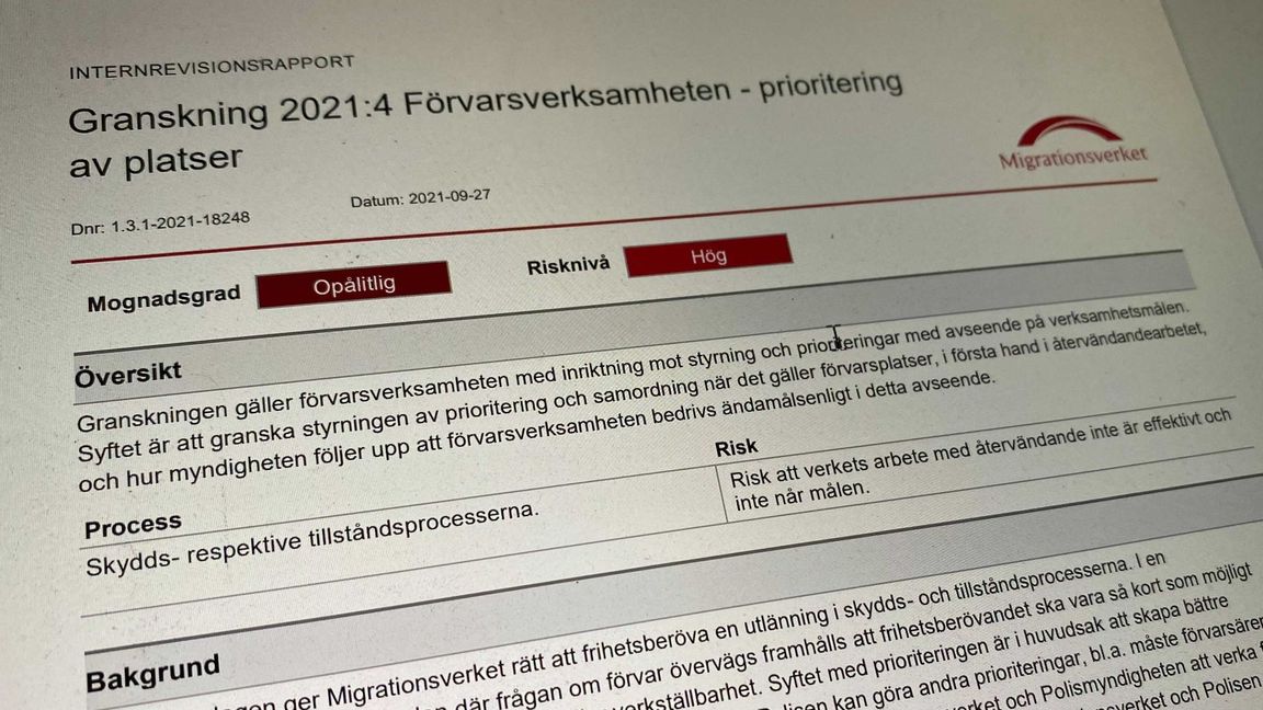 Stora brister i Migrationsverkets förvarsarbete framkommer i en ny internrevision. Foto: Skärmavbild av rapporten. 