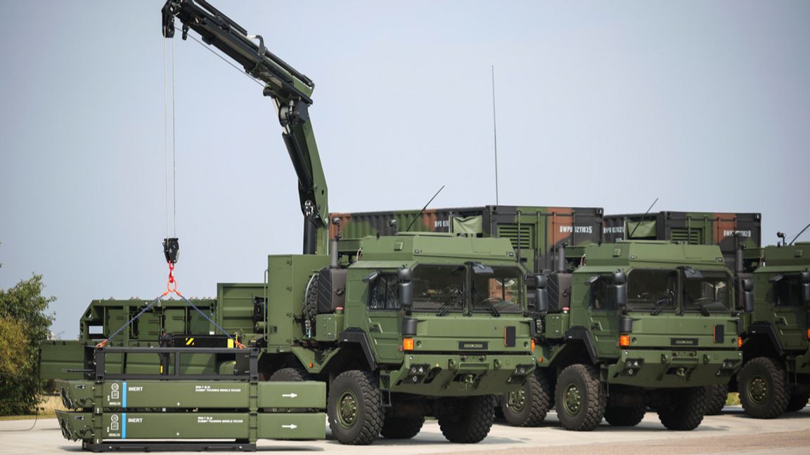 Luftvärnssystemet IRIS-T SLM från den tyska tillverkaren Diehl har två lavetter med robotar. Arkivbild. Foto: Christian Charisius/AP/TT