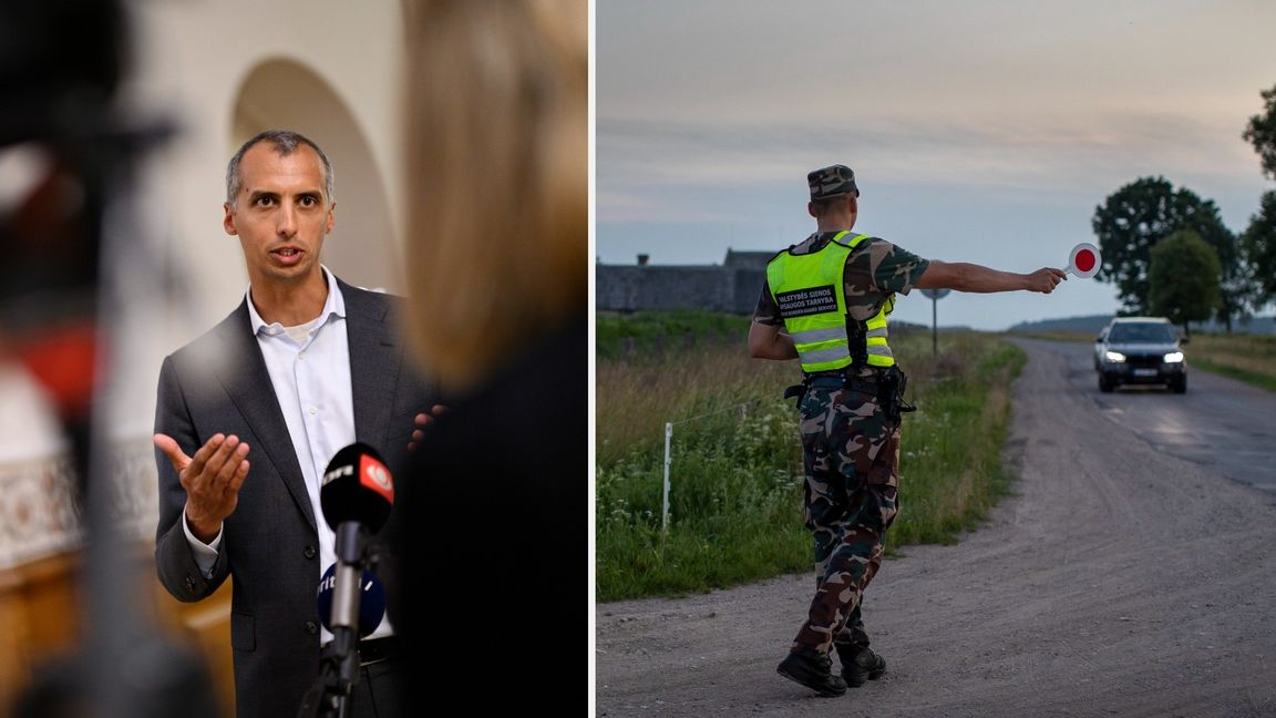 Danmarks invandrings- och integrationsminister Mattias Tesfaye, samt en litauisk gränsvakt som stoppar en bil vid gränsen mot Belarus den 9 juli i närheten av byn Purvenai. Foto: Philip Davali/Scanpix/TT/Mindaugas Kulbis/AP/TT.