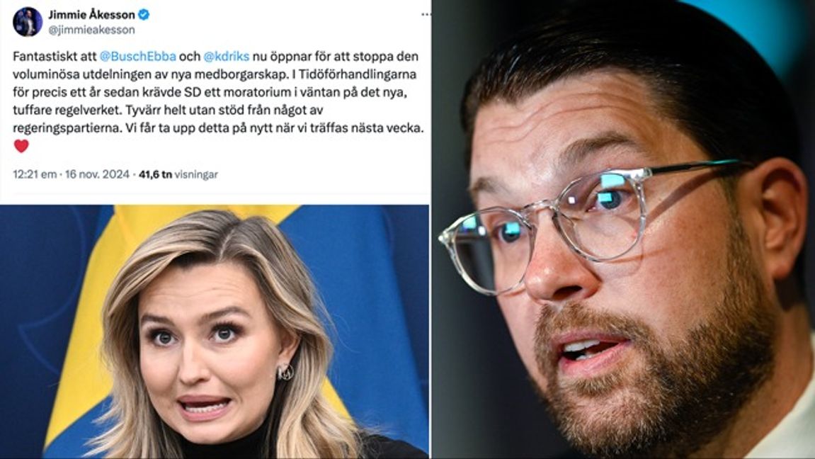 Ebba Buschs utspel fick Jimmie Åkesson att ta till X och kommentera. Foto: Pontus Lundahl/Claudio Bresciani/TT