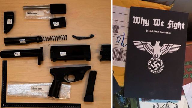 Vapen och högerextrema texter hittades i mannens bostad. Foto: Polisen