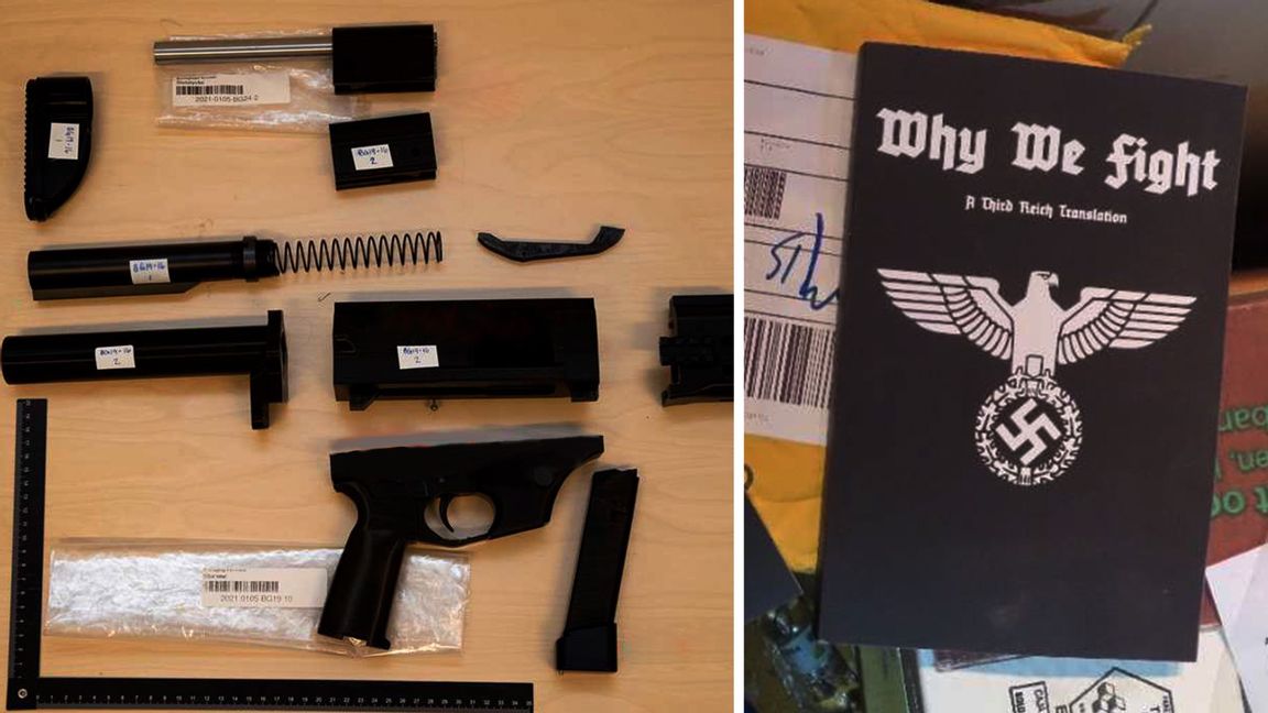 Vapen och högerextrema texter hittades i mannens bostad. Foto: Polisen