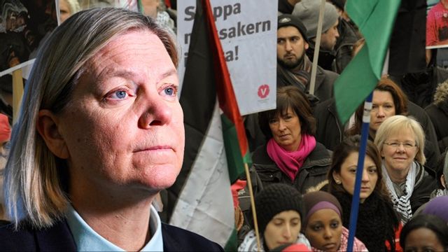 Socialdemokraternas partiledare Magdalena Andersson har tvingats svara på frågor om kopplingar mellan partiet och antisemitiska element. Tidigare partiledaren Mona Sahlin, till höger, deltog i en propalestinsk demonstration som gick till Israels ambassad. Foto: Anders Wiklund/Leif R Jansson/TT
