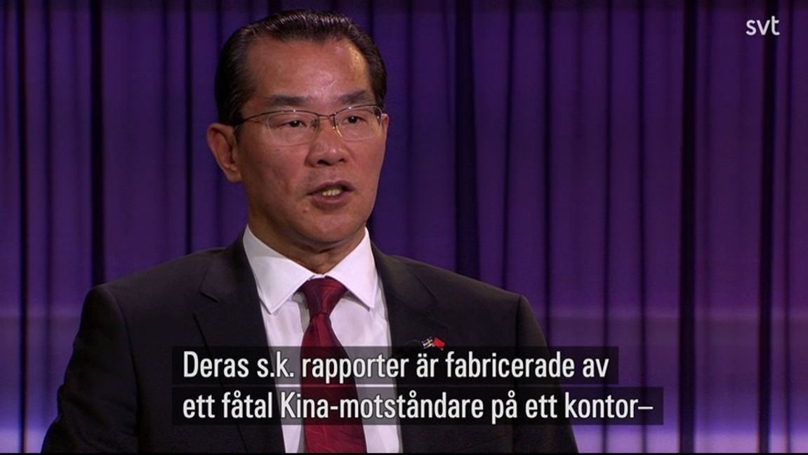 Kinas Sverige-ambassadör Gui Congyou i SVT:s 30 minuter. Foto: SVT