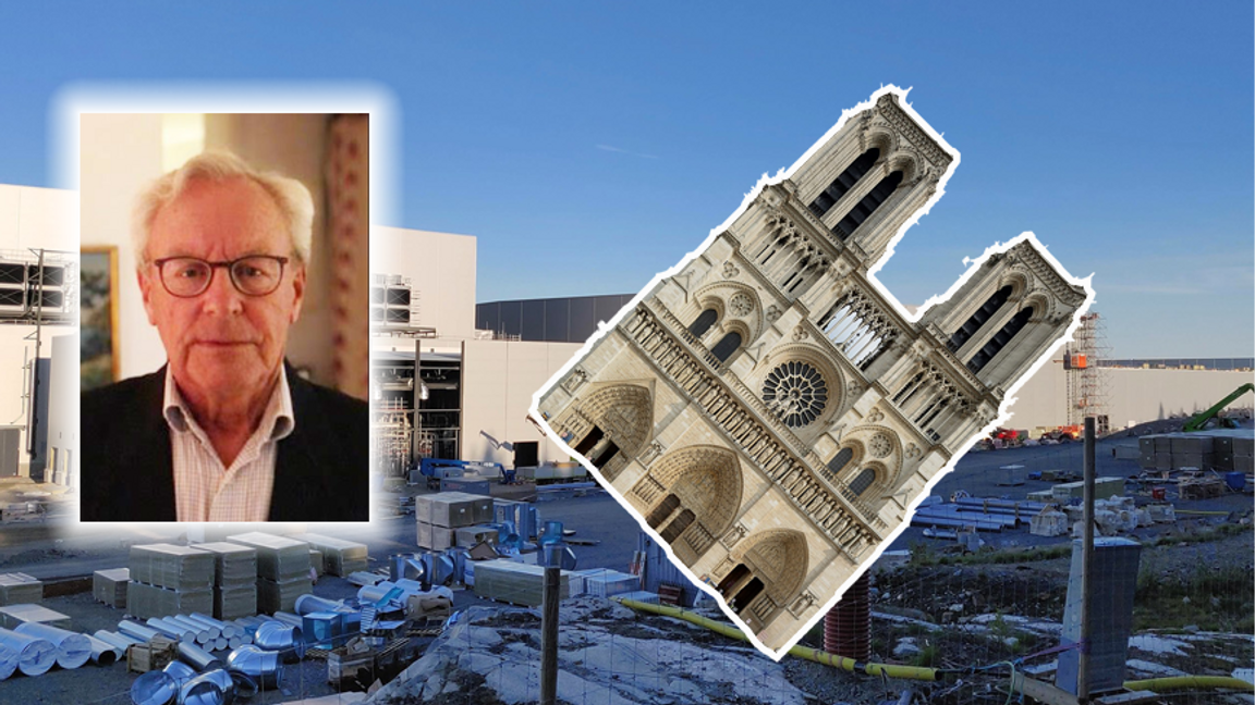 Sådär! Lika dyrt, men mycket vackrare! Foto: (Northvolt) Spisen, CC BY-SA 4.0, via Wikimedia foundation / (Notre dame)  Peter Haas, CC BY-SA 3.0, via Wikimedia foundation