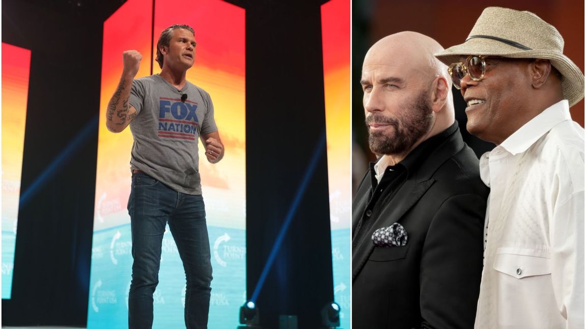 Pete Hegseth talar på Turning Point USA och John Travolta och Samuel L Jackson syns på 30-årsjubileumet av Pulp Fiction.Foto: CC BY-SA 2.0/Wikimedia Commons