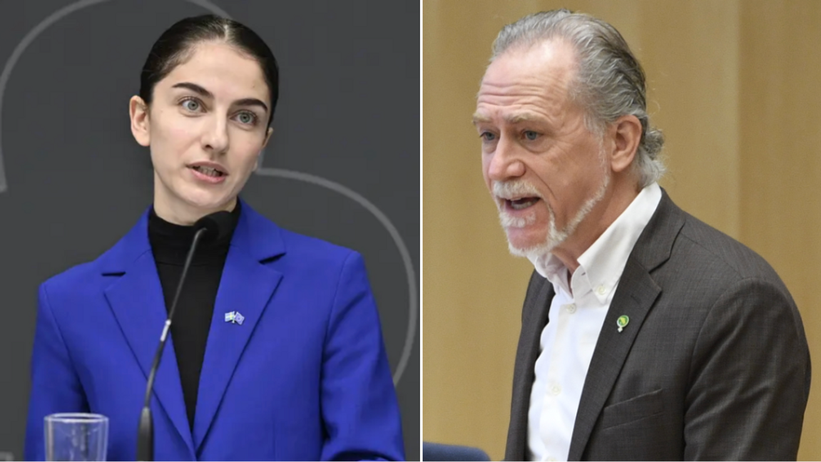Ärkefienderna. Klimatminister Romina Pourmokhtari (L) och MP:s språkrör Daniel Helldén fortsätter sin konflikt – trots att de driver samma miljöförslag. Foto: Henrik Montgomery/Jakob Åkersten Brodén/TT