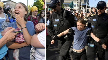 Greta Thunberg leddes iväg av polis efter att ha deltagit i en otillåten demonstration i Helsingfors. Nu åtalas hon för ohörsamhet mot tjänsteman. Foto: Mikko Stig/TT
