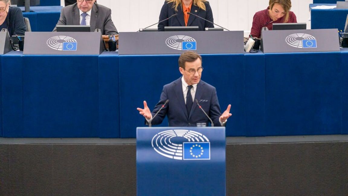 Svenske statsministern Ulf Kristersson under sitt tal i Europaparlamentet. Foto: Europaparlamentets Multimedia Center.