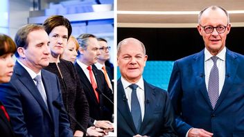 Friedrich Merz, längst till höger, riskerar att göra om misstaget med en tysk Decemberöverenskommelse. Till vänster, svenska partiledarna som presenterade Decemberöverenskommelsen 2014. Foto: AP/Maja Suslin/TT