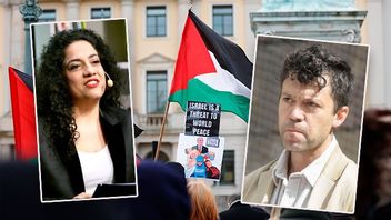 I  Athena Farrokhzad och Leonidas Aretakis, i bakgrunden en pro-palestinsk demonstration på Gustav Adolfs torg i Göteborg. Bild: Viktoria Bank/TT/Maja Suslin/TT/Adam Ihse / TT
