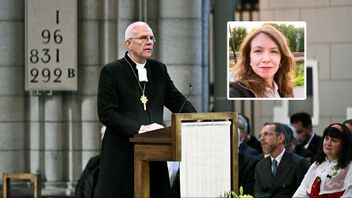 Ärkebiskop Martin Modéus vid kyrkomötets öppnande i Uppsala domkyrka, oktober 2024. Porträttbild i högra hörnet: Josefin Utas. Foto: Christine Olsson/TT/Privat