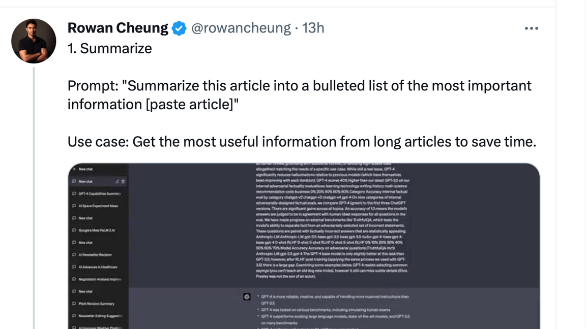 Rowan Cheung har gjort en kortguide för hur du bäst använder ChatGPT Foto: Skärmavbild Twitter