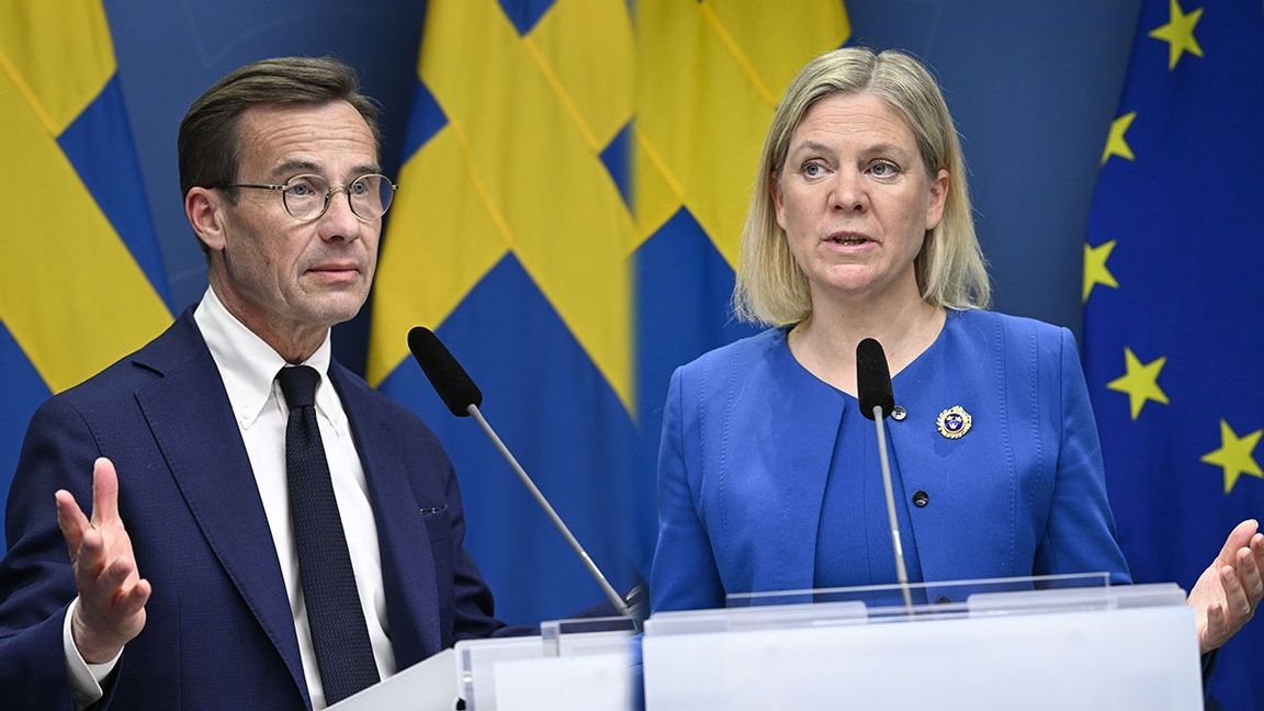 Ulf Kristersson (M) och Magdalena Andersson (S) på en gemensam pressträff angående Natofrågan. Foto: Henrik Montgomery/TT