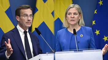 Ulf Kristersson (M) och Magdalena Andersson (S) på en gemensam pressträff angående Natofrågan. Foto: Henrik Montgomery/TT