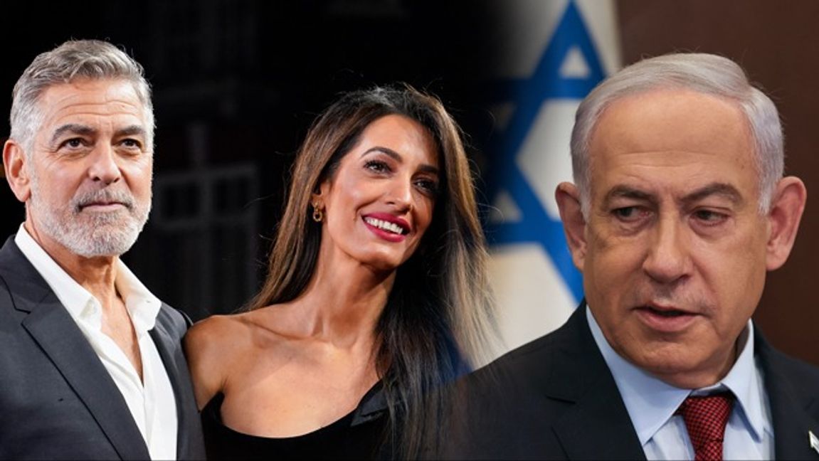 Amal Clooney, här med sin make George Clooney till vänster, har varit av avgörande betydelse för att ICC:s åklagare nu begär att Israels premiärminister Benjamin Netanyahu ska arresteras. Bilden är ett montage. Foto: AP