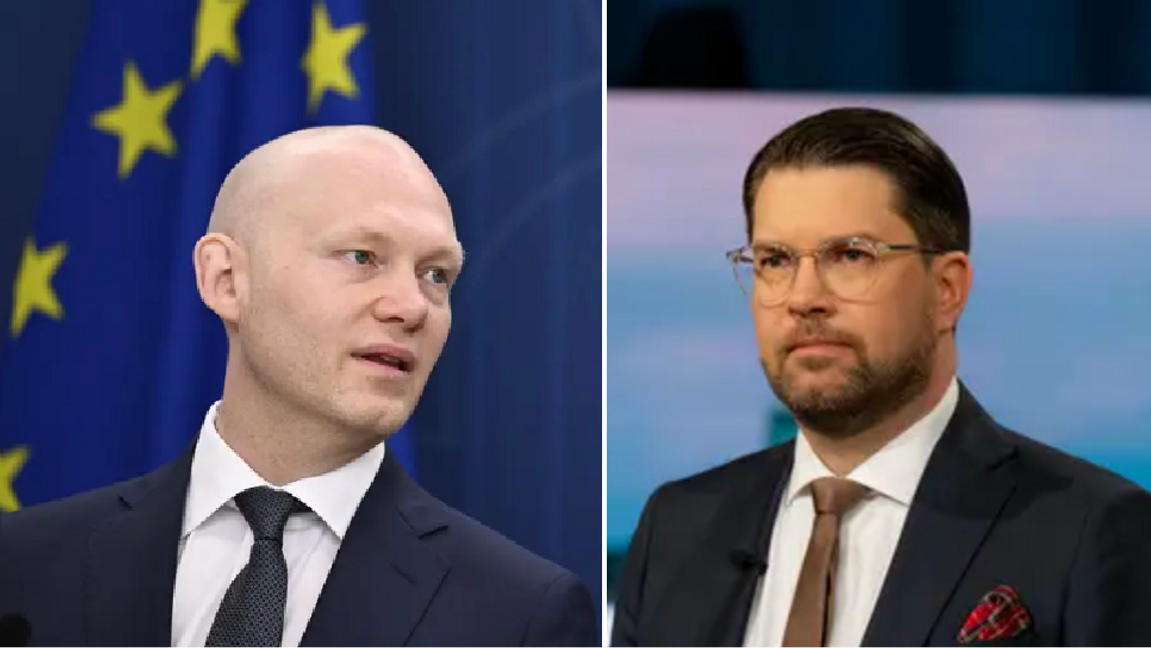 Finansmarknadsminister Niklas Wykman (M) och Sverigedemokraternas partiledare Jimmie Åkesson. M-ministern kritiserar SD i samband med att partiets vitbok släpps. Foto: Pontus Lundahl/TT