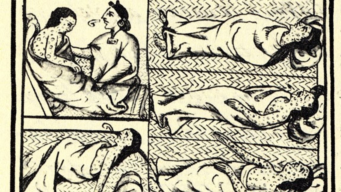 Smittkoppor drabbar det centralamerikanska Nahuafolket på 1500-talet, Florentine Codex (sammanställd 1540–1585). Källa: Wikipedia/Public Domain