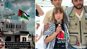 Fartyget Handala (till vänster) ska segla mot Gaza den 13 juli, mindre än en månad efter att Israel grep aktivister ombord på Madleen, däribland Greta Thunberg (till höger). Foto: Freedom Flotilla/Instagram, Salvatore Cavalli/AP/TT