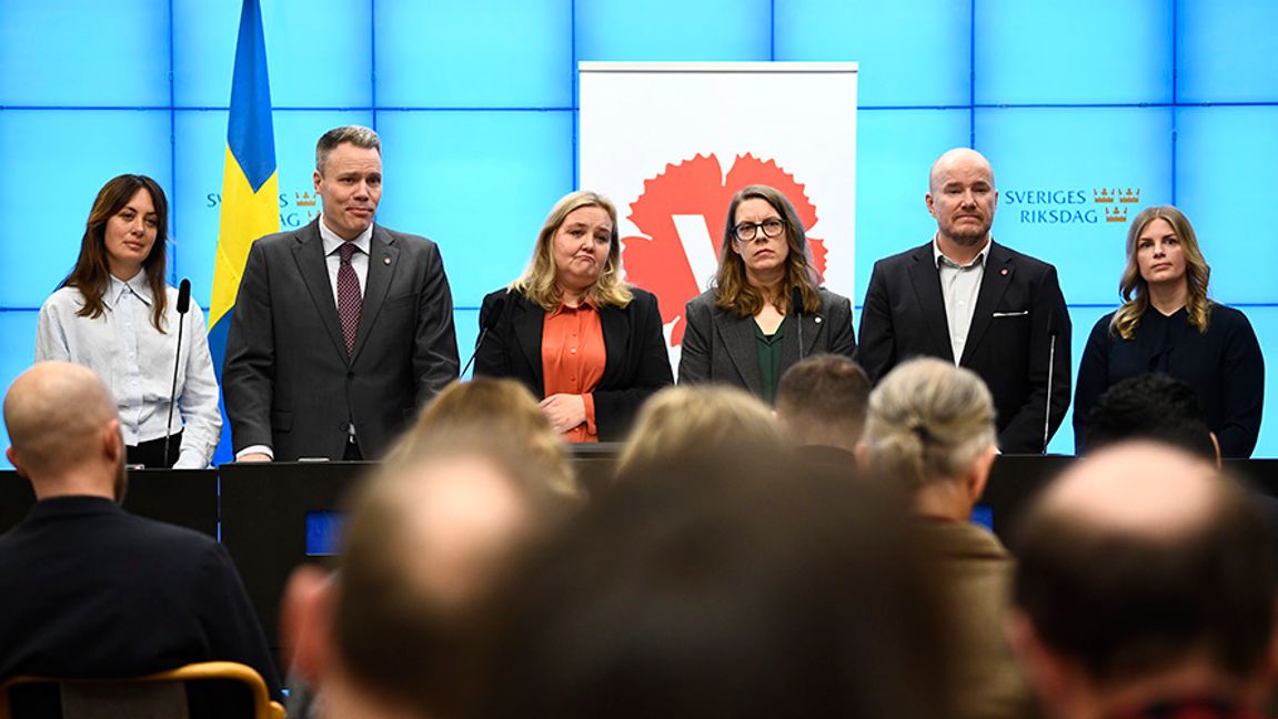 Vänsterpartiets pressträff på måndagen. Foto: Lars Schröder/TT