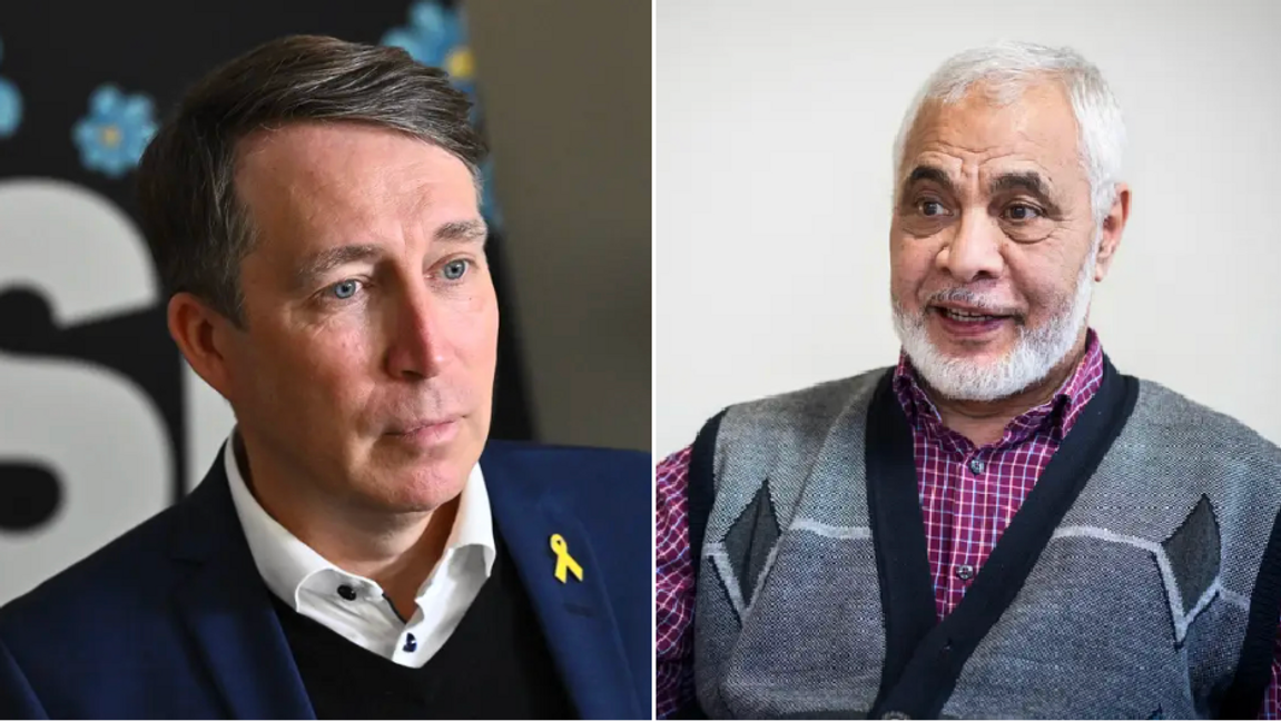 Richard Jomshof (SD) och Mahmoud Khalfi, ordförande för Islamiska förbundet. Khalfi kräver ursäkt från SD medan Jomshof menar att det är imamen själv som ska be om ursäkt. Foto: Claudio Bresciani/Judit Nilsson/SvD/TT
