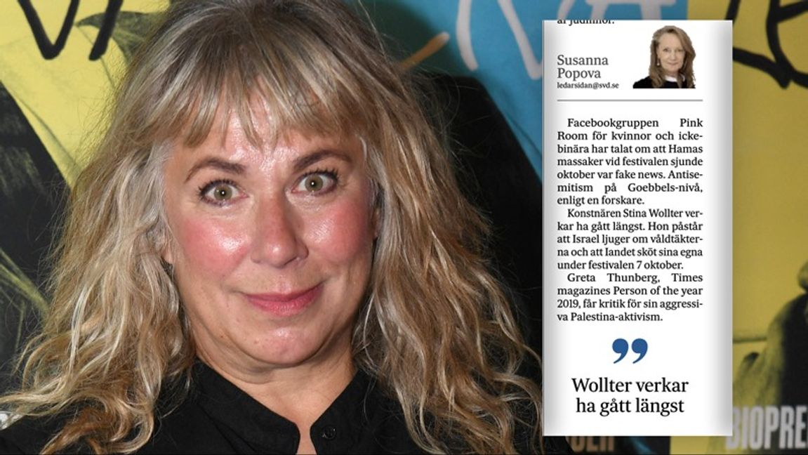 Stina Wollter rasar mot Svenska Dagbladet. Foto: Fredrik Sandberg/TT/Faksimil Svenska Dagbladet