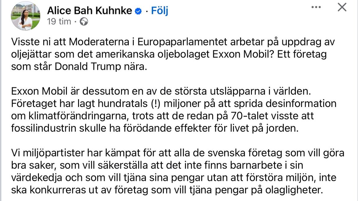 På Facebook angriper Alice Bah Kuhnke Moderaterna och menar att de arbetar åt amerikanska företag, inte åt väljare. Foto: Facebook
