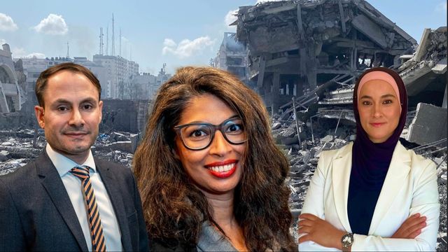 Mikail Yüksel, Sydney Ankers och Shereen Fteiha Abedelbari från Partiet Nyans. Bakgrundsbild från Gaza City i december 2023, Foto: Palestinska Myndigheterna