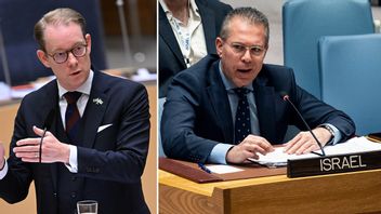 Majoriteten av EU-länderna, inklusive Sverige, lade ner sin röst. Israels FN-ambassadör Gilad Erdan till höger. Foto: Jonas Ekströmer/Craig Ruttle/AP/TT