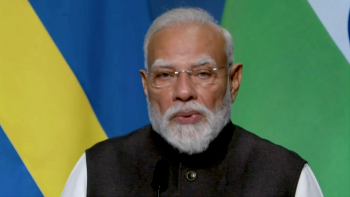 Indiens premiärminister Modi vid dagens presskonferens. Foto: Skärmavbild SVT