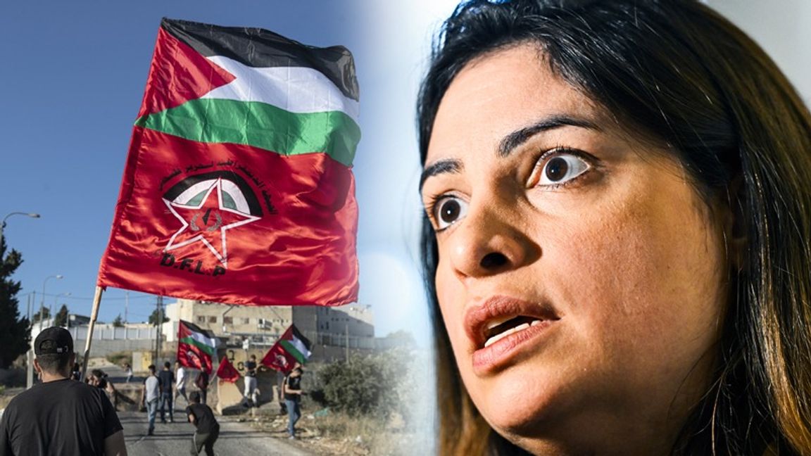 Den palestinska flaggan tillsammans med DFLP:s flagga. Arkivbild. Nooshi Dadgostar är partiledare för Vänsterpartiet. Foto: Ahmed Ahmed/Henrik Montgomery/AP/TT