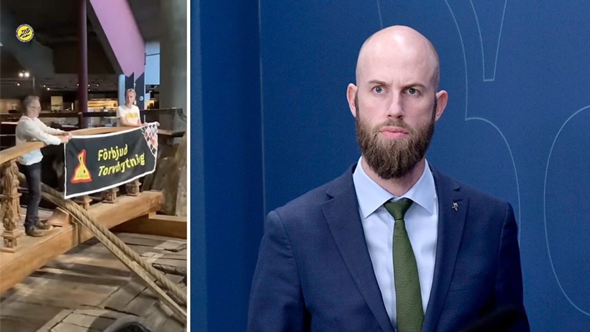 Aktivisterna från Återställ våtmarker och ministern Carl-Oskar Bohlin (M). Foto: Youtube/Axel Narving/TT