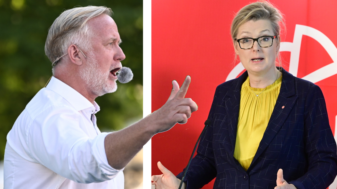 Johan Pehrson med kritik mot Socialdemokraternas arbete med skolan. (Johan Pehrson, t.v., skolminister Lina Axelsson t.h.). Foto: Henrik Montgomery/Jonas Ekströmer/TT