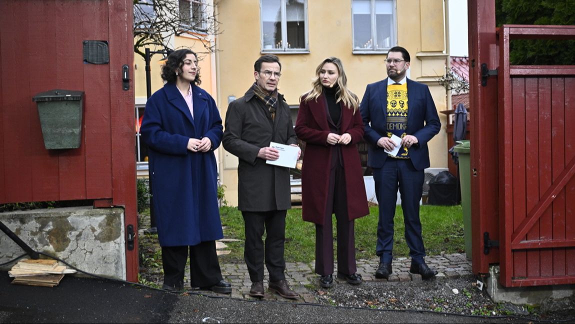 Statsminister Ulf Kristersson (M) bjöd in de andra Tidöpartiledarna för en lunch i Strängnäs. Simona Mohamsson (L), Ebba Busch (KD) och Jimmie Åkesson (SD). Foto: Christine Olsson/TT