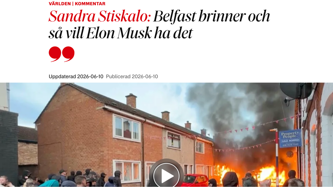 I DN:s kommentar till kravallerna var det Musk som var orsaken till kravallerna. Bild: Skärmdump/DN