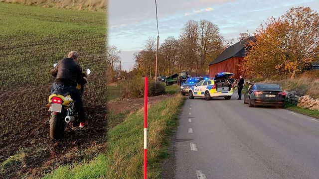 Efter en vansinnesfärd på småvägar utanför Kalmar stoppades skådespelaren sedan han kört rakt fram i en kurva och hamnade på en åker. Foto: Polisen