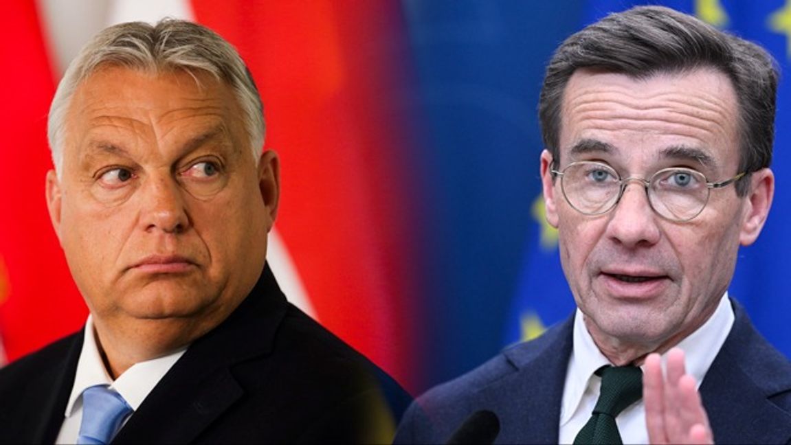 Ungerns premiärminister Viktor Orban och Sveriges statsminister Ulf Kristersson. Bilden är ett montage. Foto: Foto: Heinz-Peter Bader/AP/Jessica Gow/TT