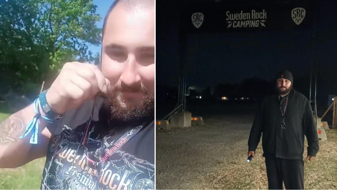Damon Moayed-Mohseni poserade i Sweden Rock-tröja med volontärbricka – knappt tre veckor efter att han dömdes för tolv fall av hets mot folkgrupp. Foto: Skärmdump/TikTok