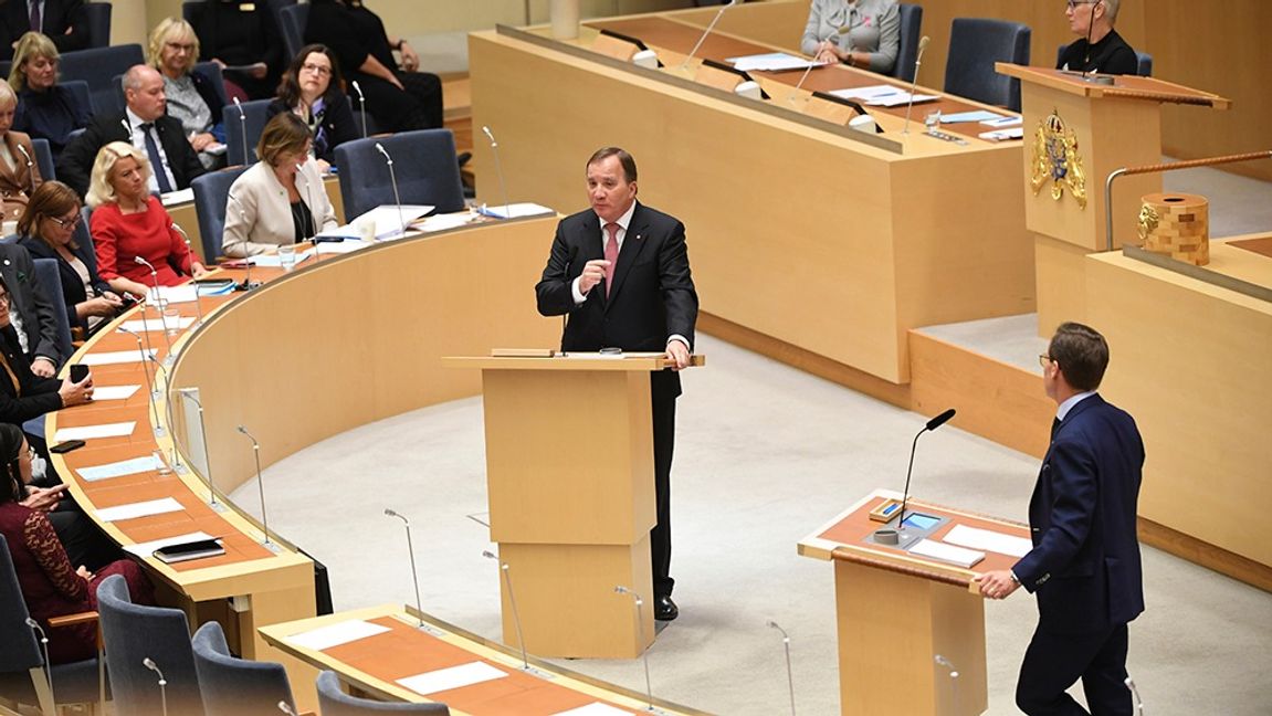 Riksdagsdebatt mellan Stefan Löfven (S) och Ulf Kristersson (M) Foto: Fredrik Sandberg/TT