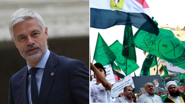 Laurent Wauquiez, partiledare för Les Republicains, kallar omröstningen för ”början på kampen”. Till höger: Muslimska brödraskapet-anhängare vid en demonstration i Beirut 2013. Foto: Thibault Camus/Bilal Hussein/AP/TT