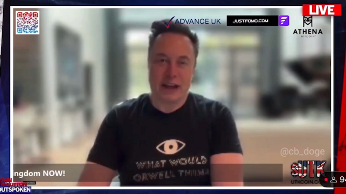 Elon Musk deltog via länk på lördagens ”Unite The Kingdom”-demonstration under lördagen. Foto: Skärmdump via X