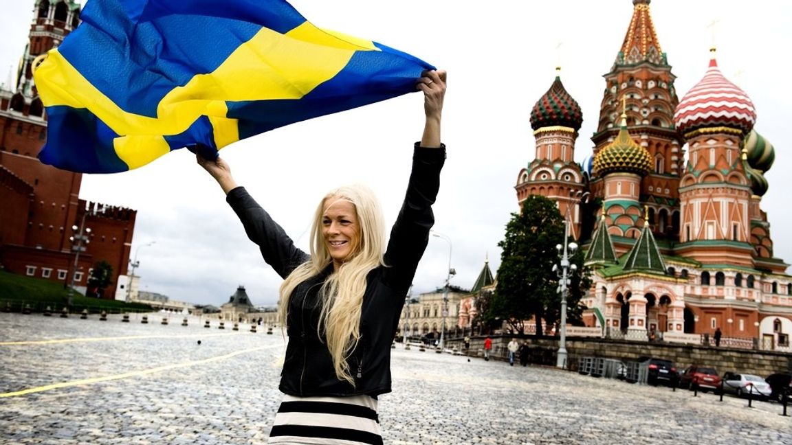 Malena Ernman på plats i Putins diktatur för att delta i Eurovision. Året innan hade Ryssland anfallit Georgien. Foto: PONTUS LUNDAHL / TT  