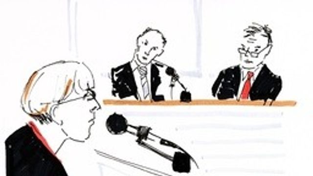 Teckning från när Knutbyrättegången avslutades i Svea hovrätt 2004. Åklagaren Elin Blank slår nu tillbaka mot Aftonbladets granskning. Foto: Birgitta Schölander/TT