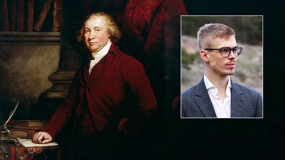 Edmund Burke och dagens debattör Andreas Röyem. Målning: James Barry  (1741–1806), Foto: Ola Andersson 