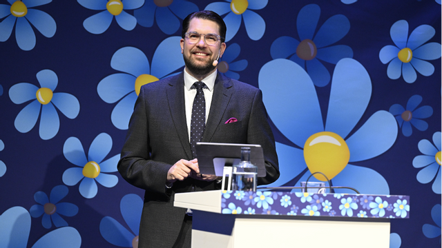 Partiledare Jimmie Åkesson (SD) talar under Sverigedemokraternas landsdagar på Västerås kongress. Foto: Jessica Gow / TT