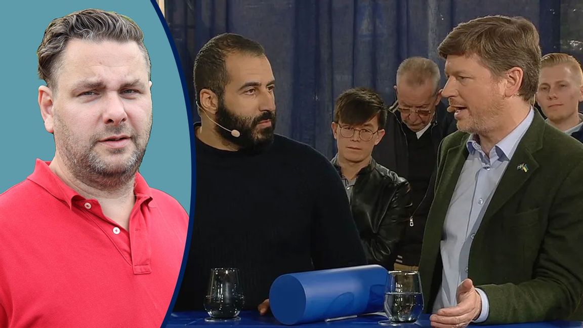 Centerns Martin Ådahl i ett nu klassiskt replikskifte med Omar Makram i teveprogrammet ”Sverige möts”. Skärmdump från SVT play