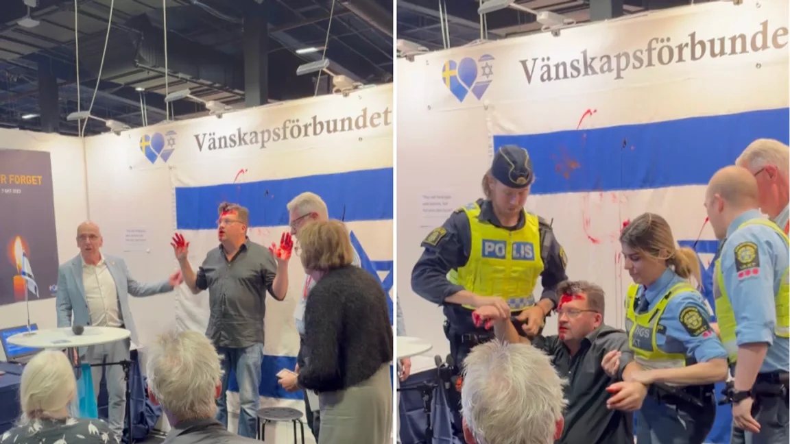 Polis och ordningsvakter ingrep i Vänskapsförbundet Sverige-Israels monter på Bokmässan i Göteborg. Foto: Skärmdump via X