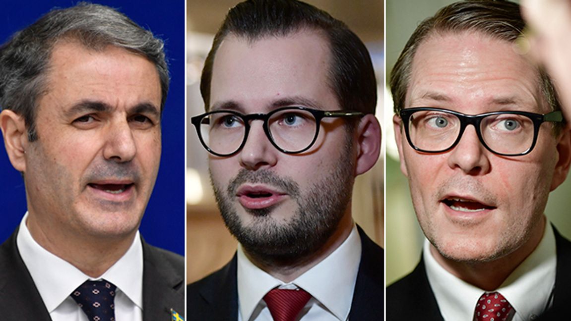 Näringsminister Ibrahim Baylan (S), Mattias Bäckström Johansson (SD), Lars Hjälmered (M). Foto: Henrik Montgomery/Stina Stjernkvist/TT