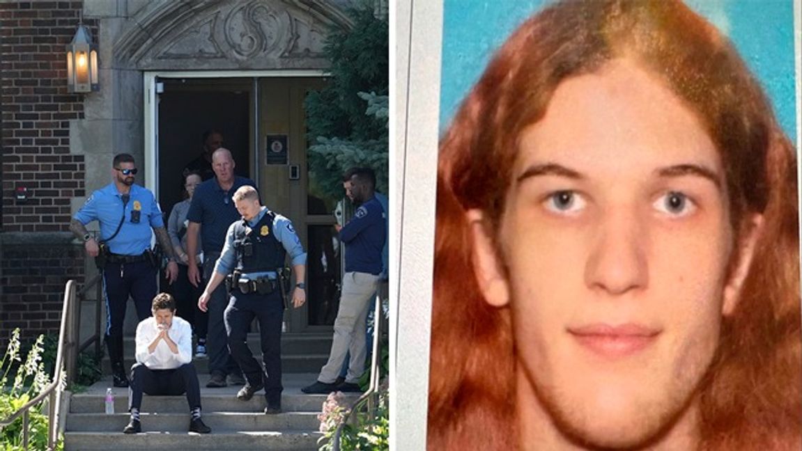 Till vänster, borgmästaren Jacob Frey sitter på trappstegen utanför skolan. Till höger: Massmördaren Robin Westman, som trodde att han var kvinna. Foto: AP/Privat